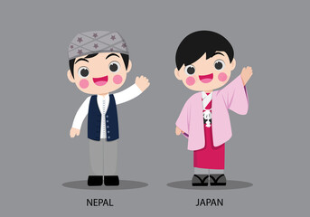 Nepal and Japan international characters in   traditional costume vector