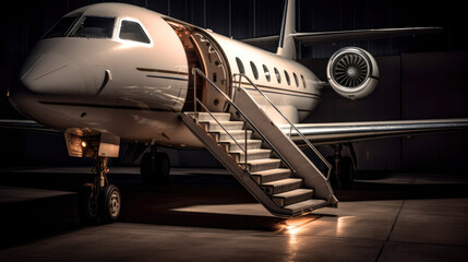 Private business jet with open door and ladder. Generative AI