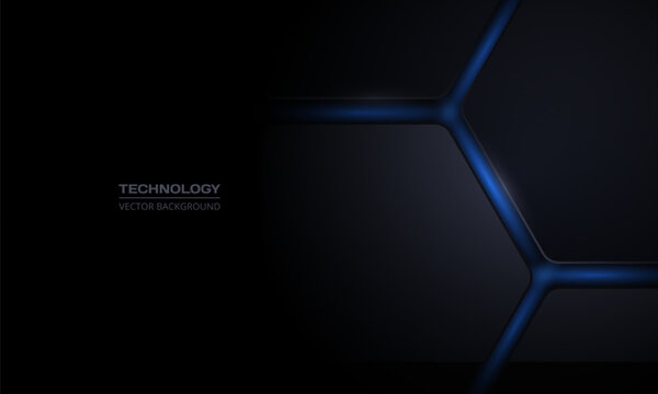 Black 3D Vector Hexagonal Technology Abstract Background. Abstract Modern Technology Futuristic Background With Black 3D Honeycomb Shapes And Blue Flashes Under Hexagon. Vector Illustration