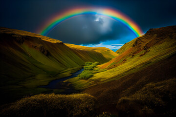 Lush Overlook.  A Picturesque Rainbow Scenery on a Beautiful Hill. Generative AI
