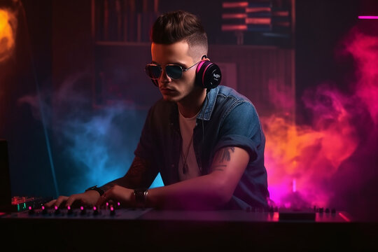 Homem bonito Masculino DJ tocando música no clube em sutiã e óculos escuros tocando música. Fones de ouvido e mixer dj na mesa. Fumaça colorida no fundo, luzes de neon