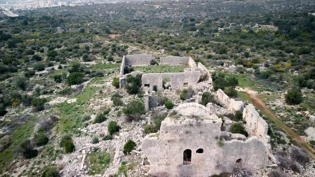 Flying Over Ruins Of Church Of The Holy Tomb at Korykos Antique City, Erdemli, Mersin, Turkey