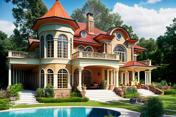 Obraz premium Villa with swimming pool. A luxury home. Generative AI.