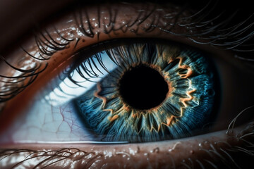 Human blue eye macro photography close up. Medical vision eyesight concept. Ai generated