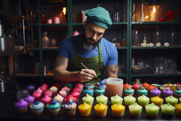 Confectioner decorates his made sweets in vibrant colors. Generative AI