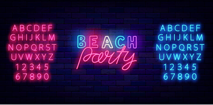 Beach party neon sign with lettering. Night club invitation. Coast event decoration. Vector stock illustration