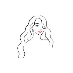 Beautiful young woman with diamond earrings on a white background.Black line female face. Lady head with pink lips.Vector stock illustration.