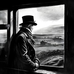 black and white illustration 1800 Scotland man looks out train window sees farmland and small stone croft 
