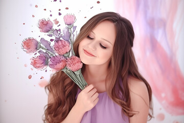 Fototapeta premium Cartão do Dia das Mães com lindas ilustrações em aquarela da moda de mãe e filha, buquê de flores da primavera