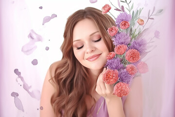 Fototapeta na wymiar Cartão do Dia das Mães com lindas ilustrações em aquarela da moda de mãe e filha, buquê de flores da primavera