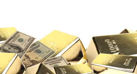 Gold ingot and money dollars isolated