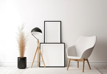 Blank picture frame on a white wall. View of modern style interior with chair. Generative AI