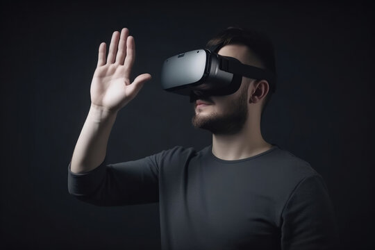Young man using virtual reality headset VR. Generative AI