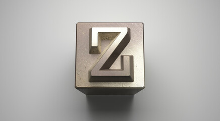 Letra metálica Z de imprenta en alto relieve sobre fondo blanco.