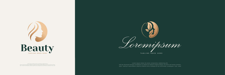 Luxury woman logo with gold color and with simple and elegant line art concept. Premium logo design vector modern semi classic for business woman.