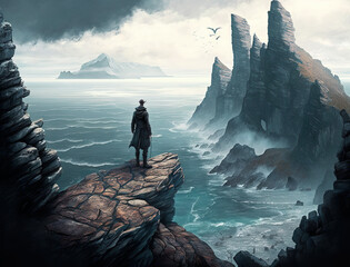 Person standing on rocky cliff overlooking landscape. Generative AI