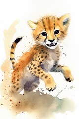 Fototapeta premium Whimsical watercolor playful baby cheetah generative AI art