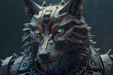 Evil blue eye cyberpunk wolf, Generative AI
