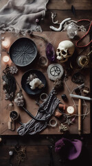 Witchy, esoteric accessories on rustic wooden table. For marketing, website design, and mobile wallpaper. Created with generative AI tools.