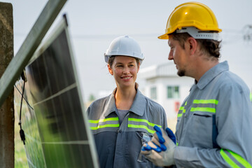 Electrical engineer on solar farm with large structure Check maintain rehearse damaged parts from use in order to produce electricity with maximum efficiency throughout its service life professionally
