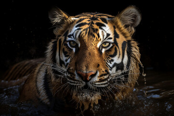 Portrait of a bengal siberian tiger taking a bath in a river. Generative AI