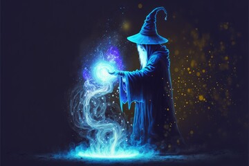 A warrior with magical abilities conjuring a spell with a brilliant blue light illuminating the ground. Fantasy concept , Illustration painting. Generative AI