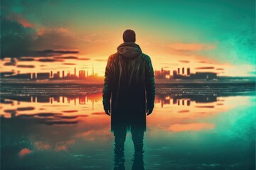Fototapeta premium A man standing in an abstract city, watching the sunset with a green sky. Fantasy concept , Illustration painting. Generative AI