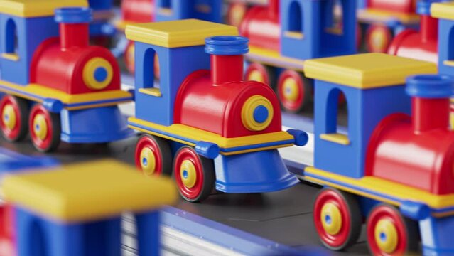 Lots of colourful toy trains progressing through the conveyor belt. Multiple produced red blue toy trains moving on the conveyor line. Factory Conveyor sorting the manufactured toy trains.