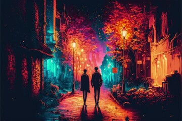 A digital artwork depicting a nocturnal cityscape, with people strolling along the streets illuminated by vibrant and colorful lights. Fantasy concept , Illustration painting. Generative AI