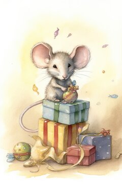 Whimsical watercolor playful baby mouse generative AI art