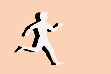 Fototapeta na wymiar Silhouette white man black shadow is running on a beige background. Concept, speed, running, healthy lifestyle