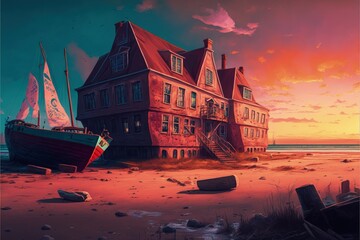 A sailing boat on the beach near abandoned buildings with a sunset backdrop. Fantasy concept , Illustration painting. Generative AI