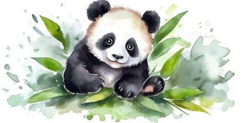 Whimsical watercolor playful baby panda  generative AI art