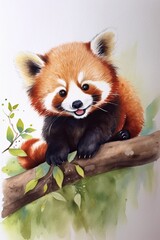 Whimsical watercolor playful baby red panda  generative AI art
