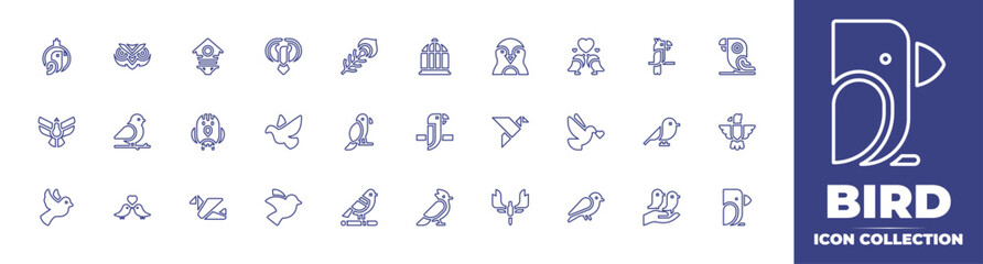 Bird line icon collection. Editable stroke. Vector illustration. Containing parrot, owl, bird house, phoenix, peacock, bird cage, penguin, love birds, bird, dove, love bird, origami, peace, and more.