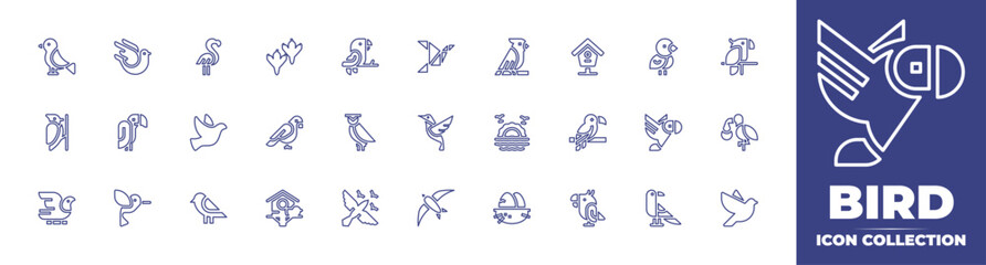 Bird line icon collection. Editable stroke. Vector illustration. Containing bird, pigeon, flamingo, parrot, bird house, woodpecker, vulture, owl, sunrise, stork, hummingbird, birds, swallow, and more.