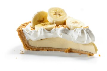a slice of banana cream pie on a white background, generative AI