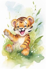 Whimsical watercolor playful baby tiger cub  generative AI art
