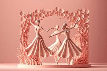 Women dancing on a pastel pink background with paper flowers, ideal for a festive or celebratory design