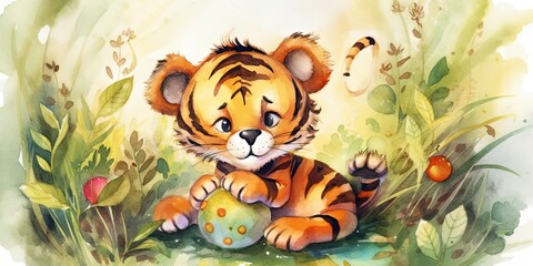 Whimsical watercolor playful baby tiger cub  generative AI art