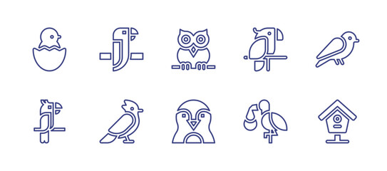 Bird line icon set. Editable stroke. Vector illustration. Containing chick, parrot, owl, canary, bird, skylark, penguin, stork, bird house.