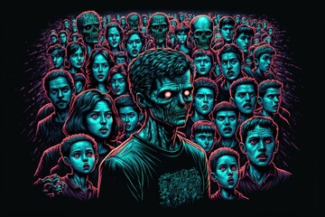 A portrait of a single zombie with a horde of zombies in the background. Fantasy concept , Illustration painting. Generative AI