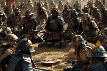 Samurai in armor on their knees prepare for battle. Army of medieval Japanese warriors before the war.  ai generated 