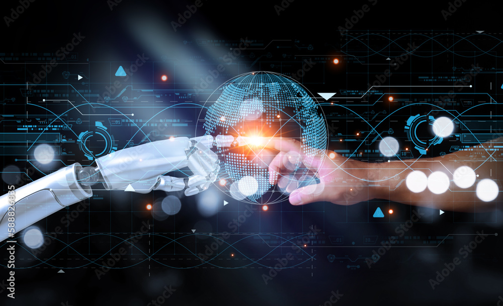 Aufkleber hands of robot and human touching on big data network connection background, ai, machine learning, s