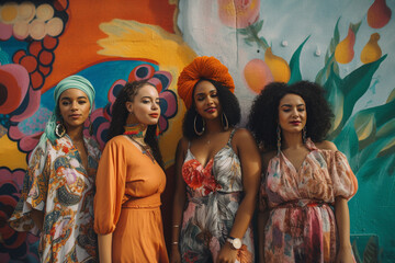 Fototapeta na wymiar Portrait of a multinational multiethnic group of women in bright national dresses. Generative AI 