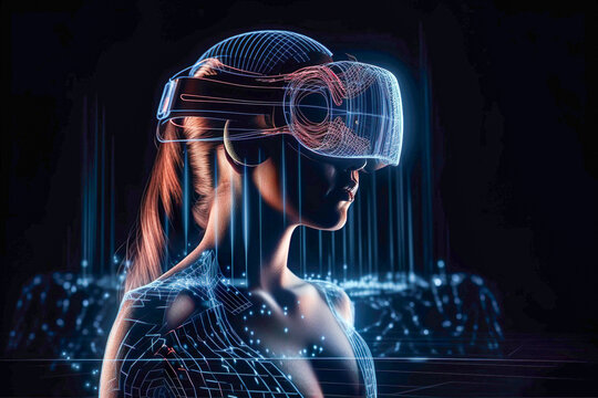 Frau mit einer VR Brille als Hologramm with Generative KI
