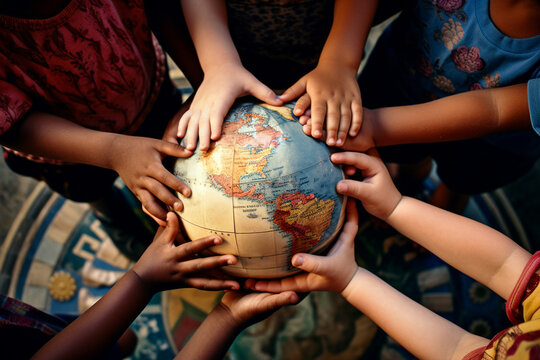 Children Holding A Globe Together In Their Hands. Generative AI	
