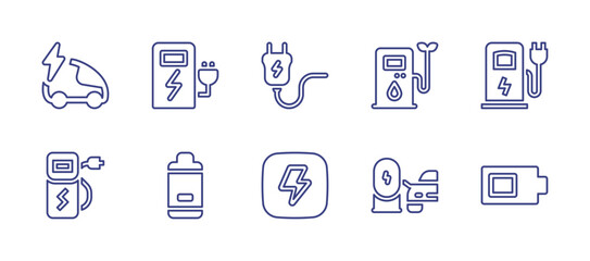 Charging line icon set. Editable stroke. Vector illustration. Containing charging, plug, energy, electric car, charging station, battery, thunderbolt, electric station, battery level.