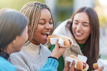 Three smiling friends eating hot dog in a park