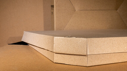 Pressed cardboard boxes for packaging, storage, transportation and delivery of pizza, other products and goods, logistics business 